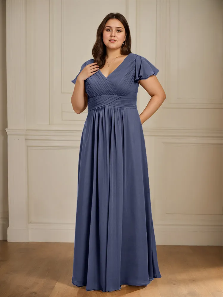 Short Sleeves Chiffon A-line V Neck Long Plus Size Bridesmaid Dresses