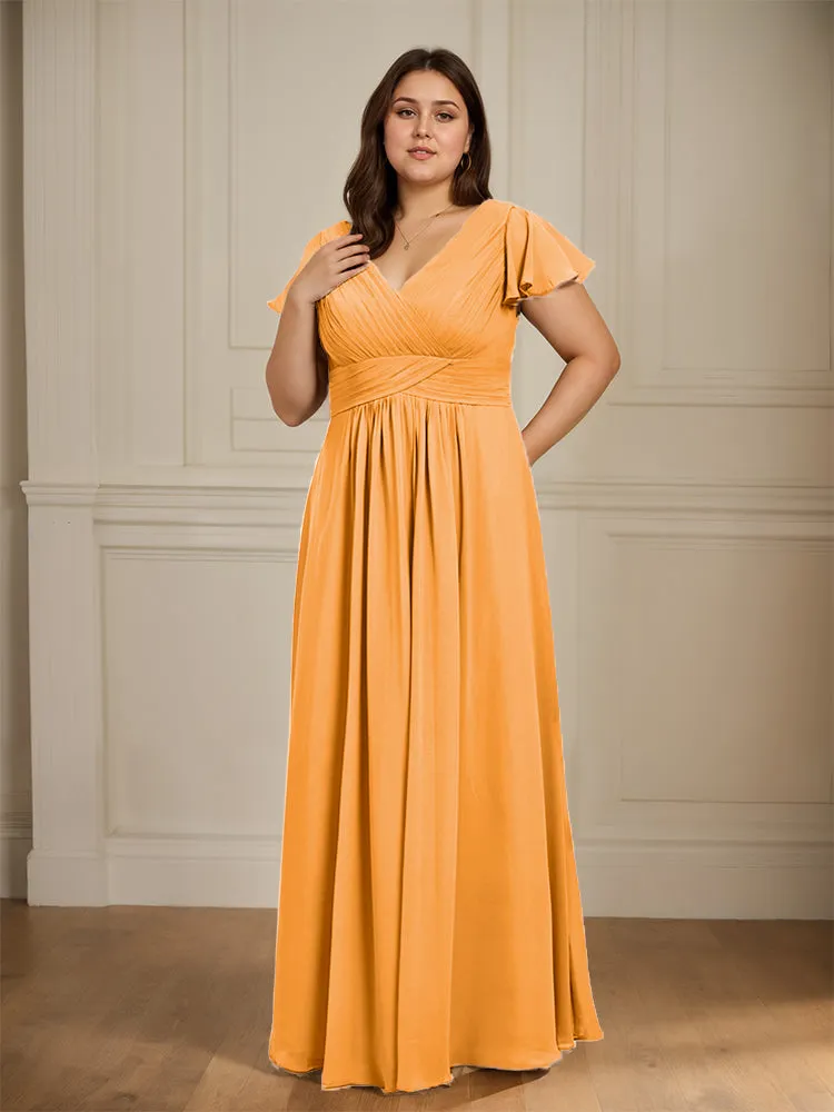 Short Sleeves Chiffon A-line V Neck Long Plus Size Bridesmaid Dresses