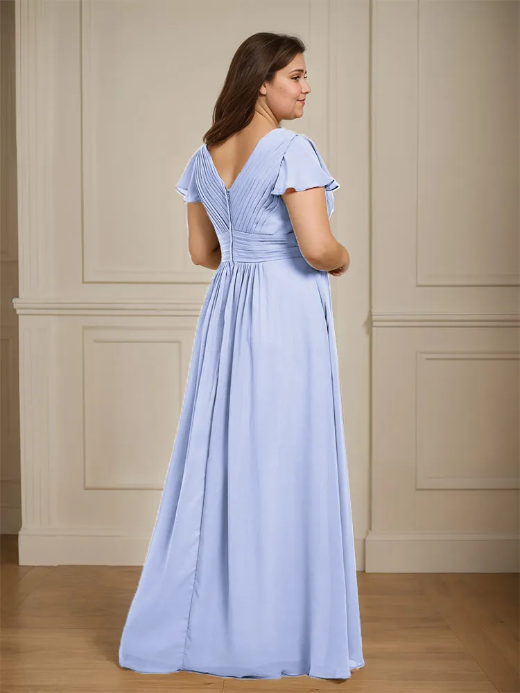 Short Sleeves Chiffon A-line V Neck Long Plus Size Bridesmaid Dresses