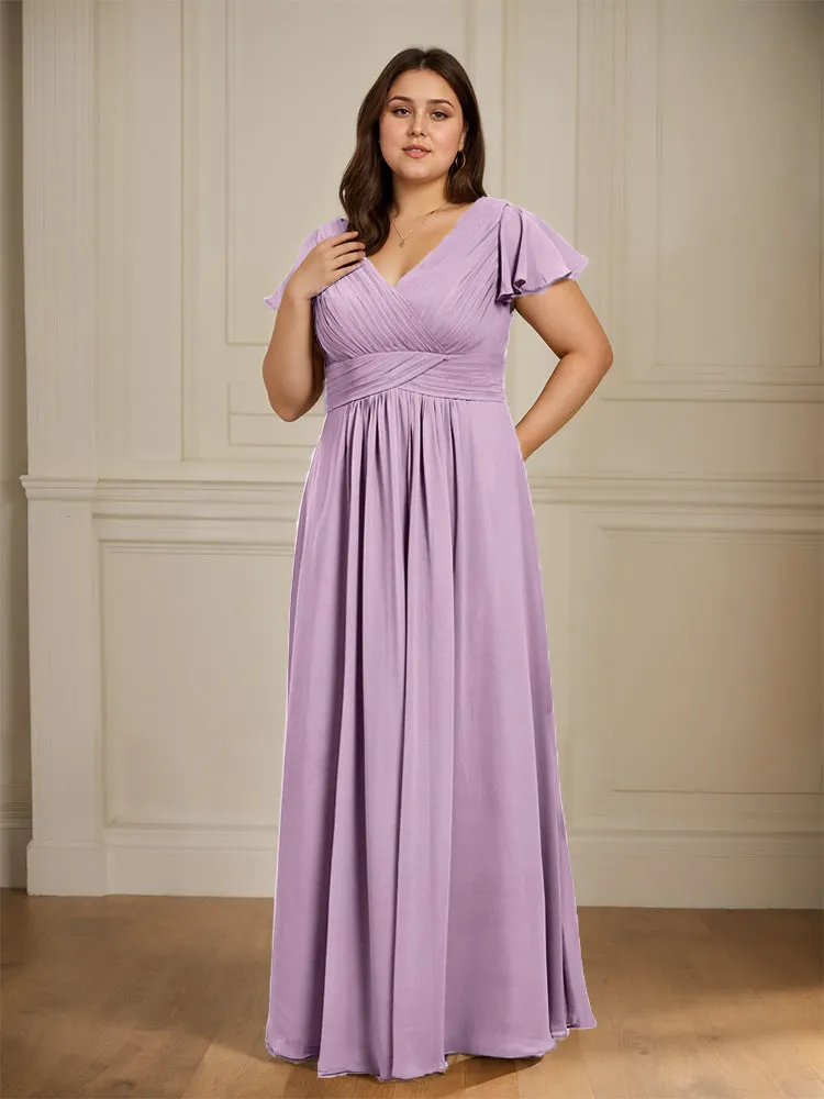 Short Sleeves Chiffon A-line V Neck Long Plus Size Bridesmaid Dresses