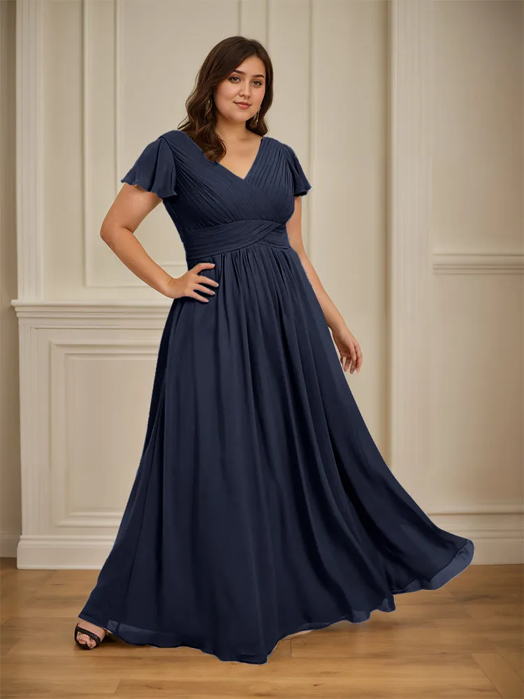 Short Sleeves Chiffon A-line V Neck Long Plus Size Bridesmaid Dresses