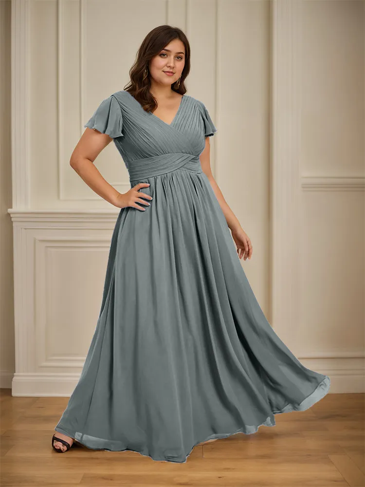 Short Sleeves Chiffon A-line V Neck Long Plus Size Bridesmaid Dresses