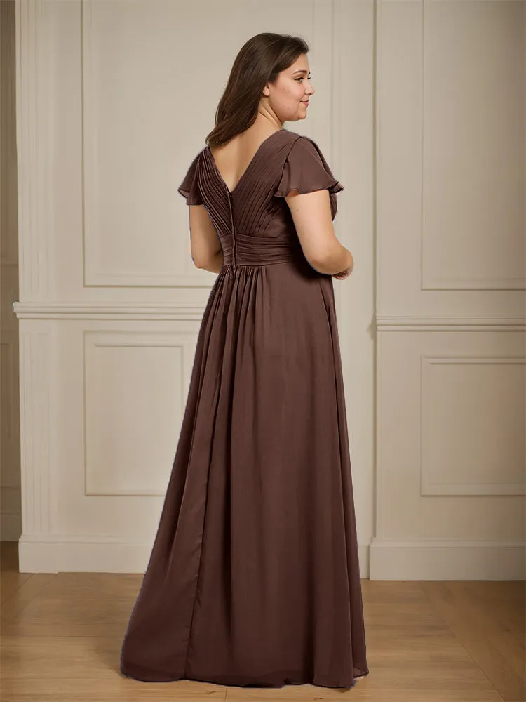 Short Sleeves Chiffon A-line V Neck Long Plus Size Bridesmaid Dresses