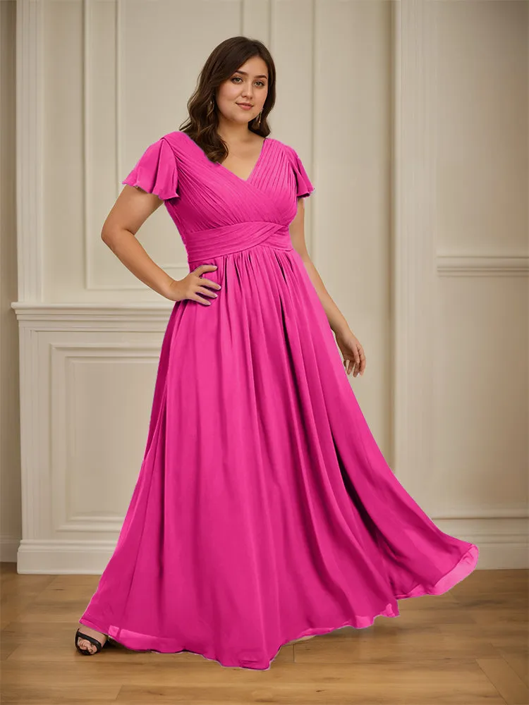 Short Sleeves Chiffon A-line V Neck Long Plus Size Bridesmaid Dresses