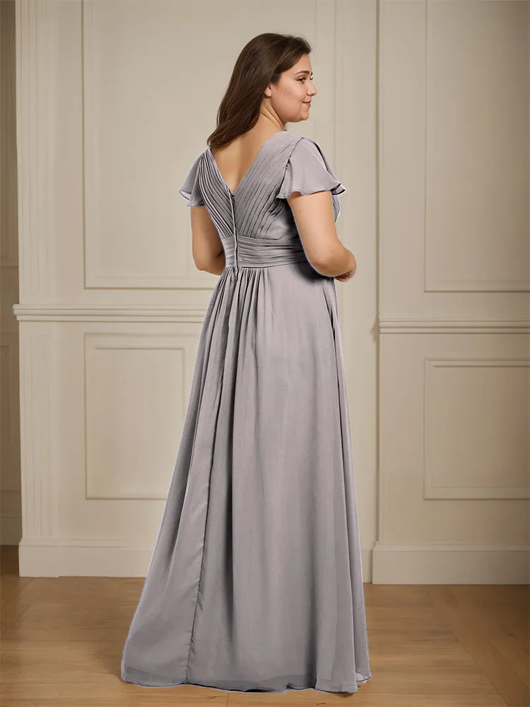 Short Sleeves Chiffon A-line V Neck Long Plus Size Bridesmaid Dresses