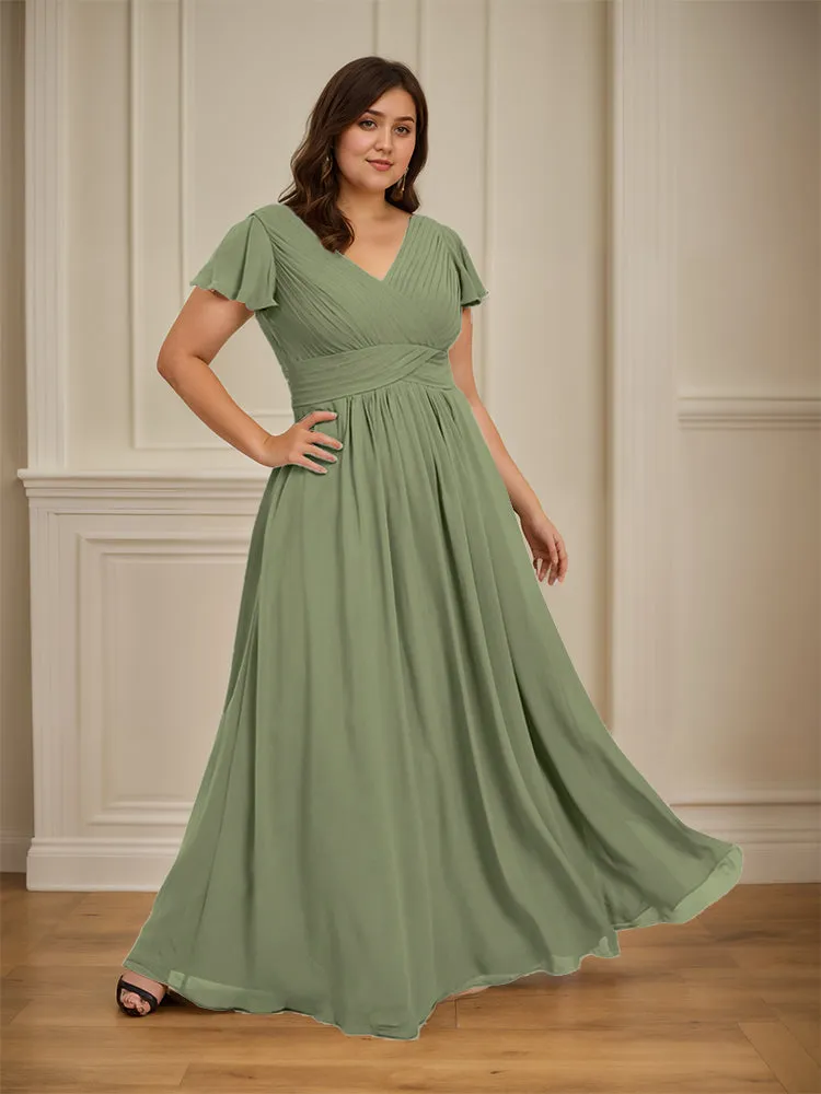 Short Sleeves Chiffon A-line V Neck Long Plus Size Bridesmaid Dresses