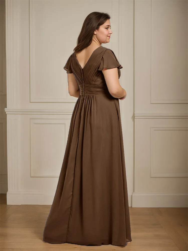 Short Sleeves Chiffon A-line V Neck Long Plus Size Bridesmaid Dresses