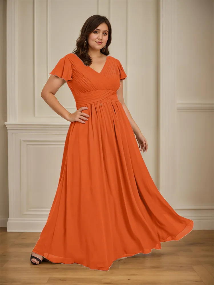 Short Sleeves Chiffon A-line V Neck Long Plus Size Bridesmaid Dresses