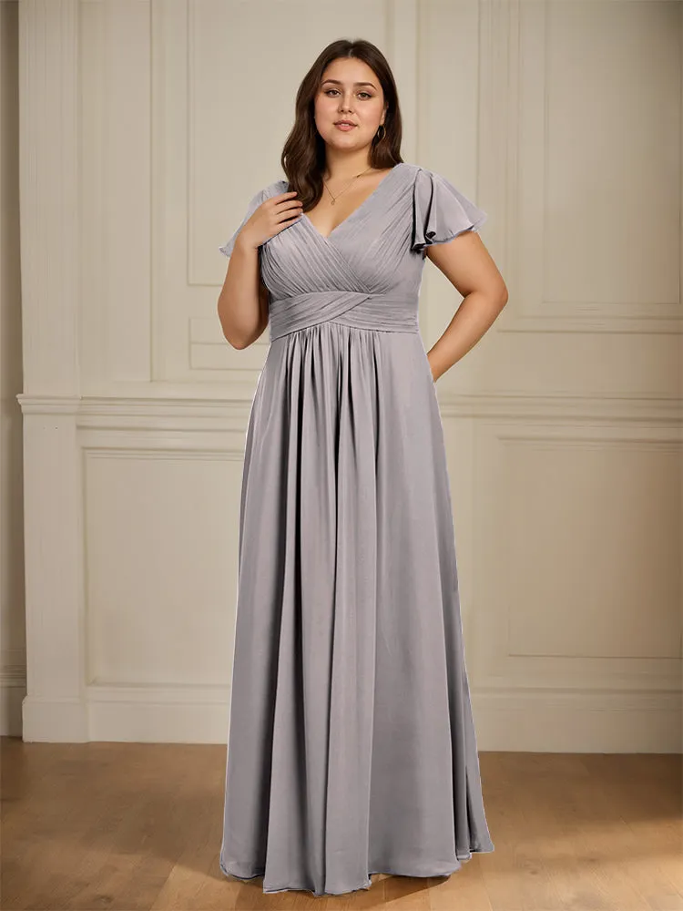 Short Sleeves Chiffon A-line V Neck Long Plus Size Bridesmaid Dresses