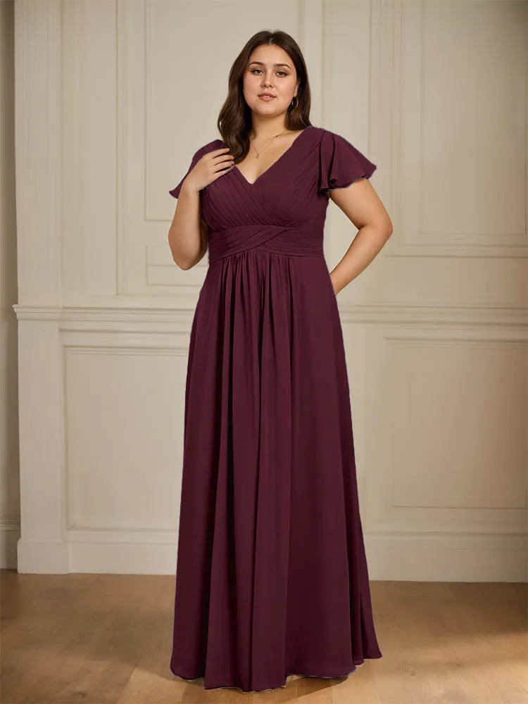 Short Sleeves Chiffon A-line V Neck Long Plus Size Bridesmaid Dresses