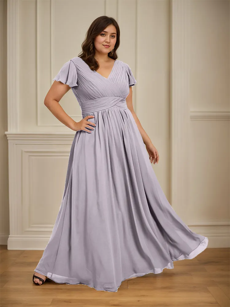 Short Sleeves Chiffon A-line V Neck Long Plus Size Bridesmaid Dresses