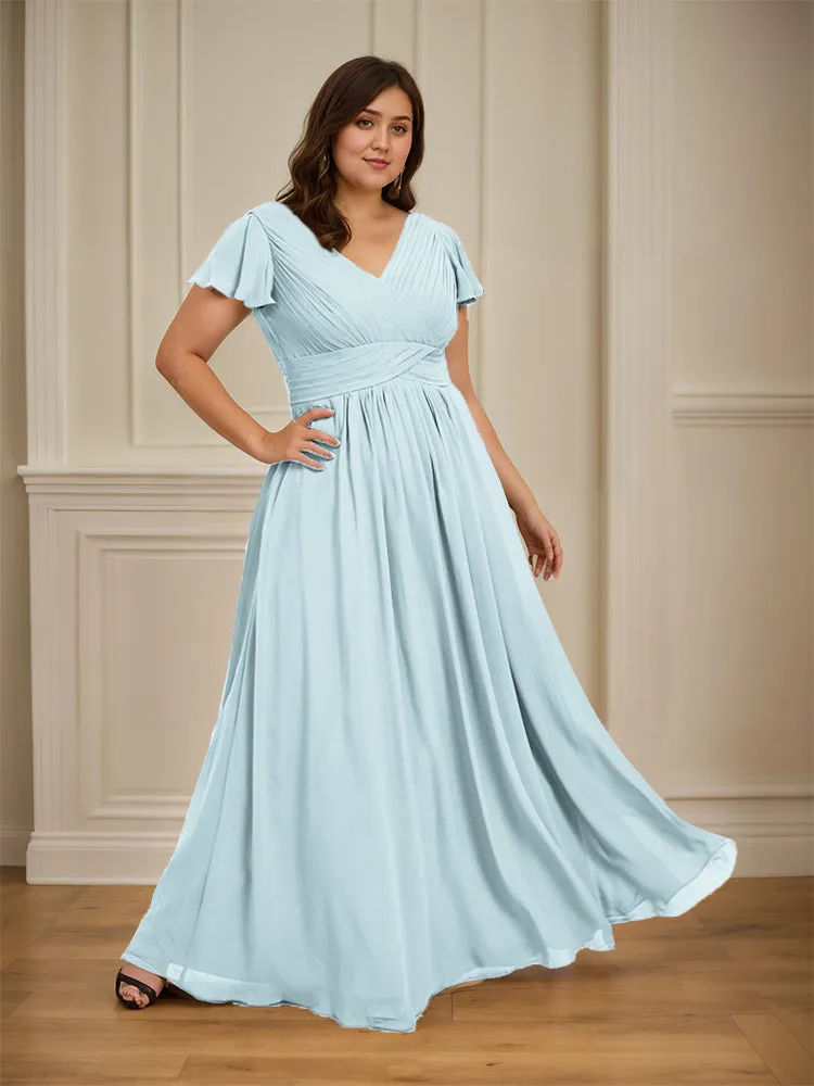 Short Sleeves Chiffon A-line V Neck Long Plus Size Bridesmaid Dresses