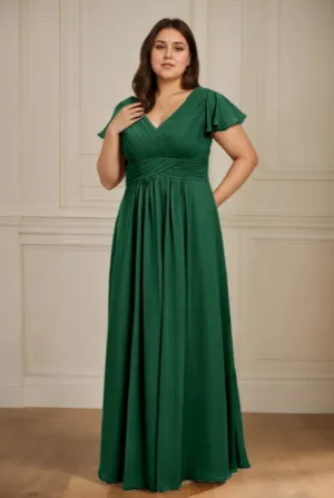 Short Sleeves Chiffon A-line V Neck Long Plus Size Bridesmaid Dresses