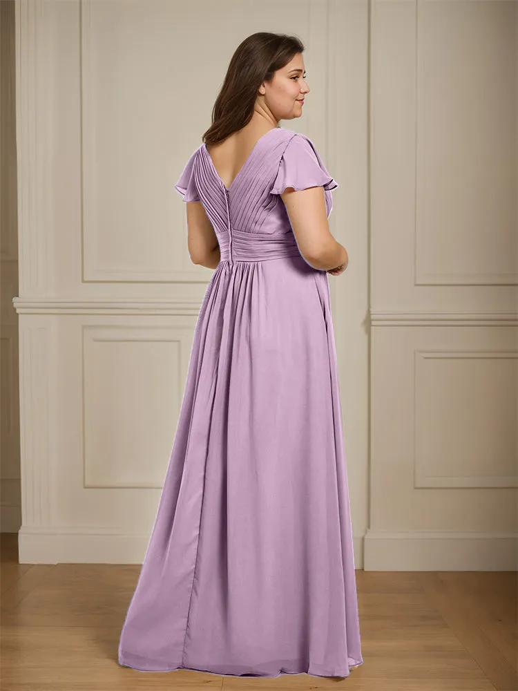 Short Sleeves Chiffon A-line V Neck Long Plus Size Bridesmaid Dresses