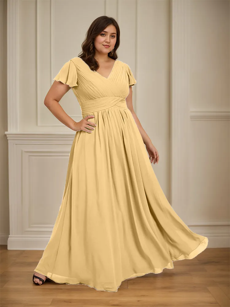 Short Sleeves Chiffon A-line V Neck Long Plus Size Bridesmaid Dresses