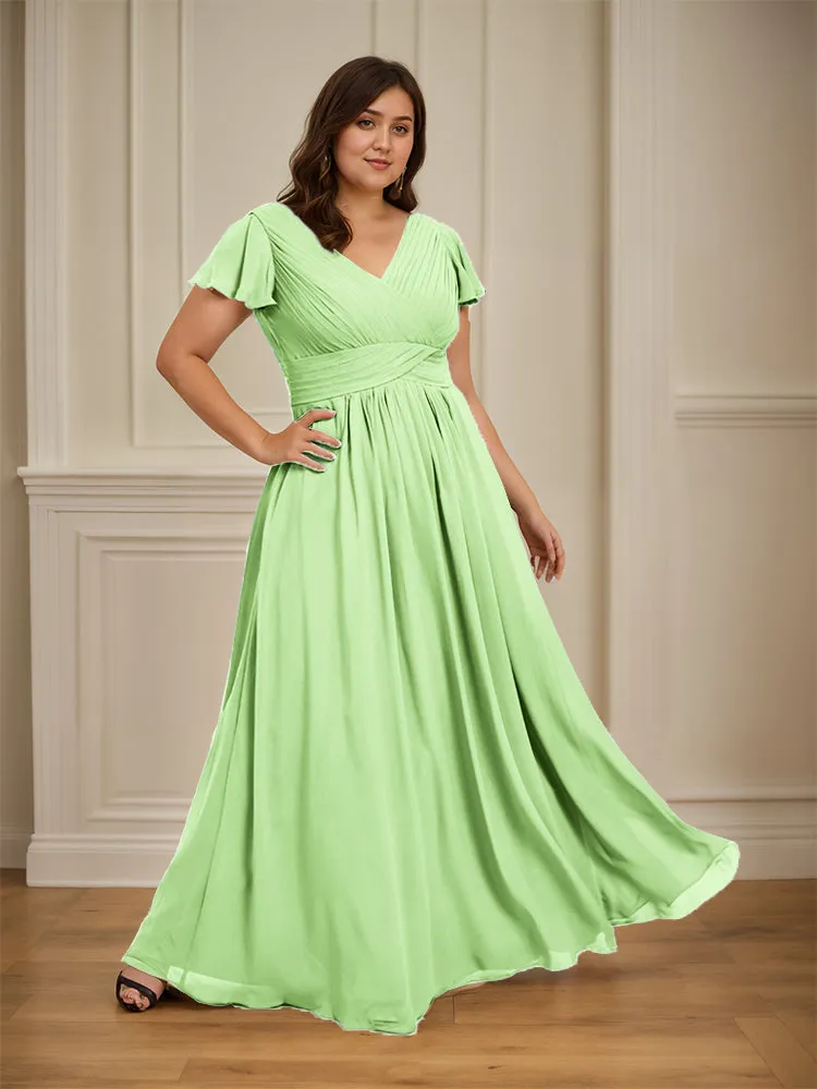 Short Sleeves Chiffon A-line V Neck Long Plus Size Bridesmaid Dresses