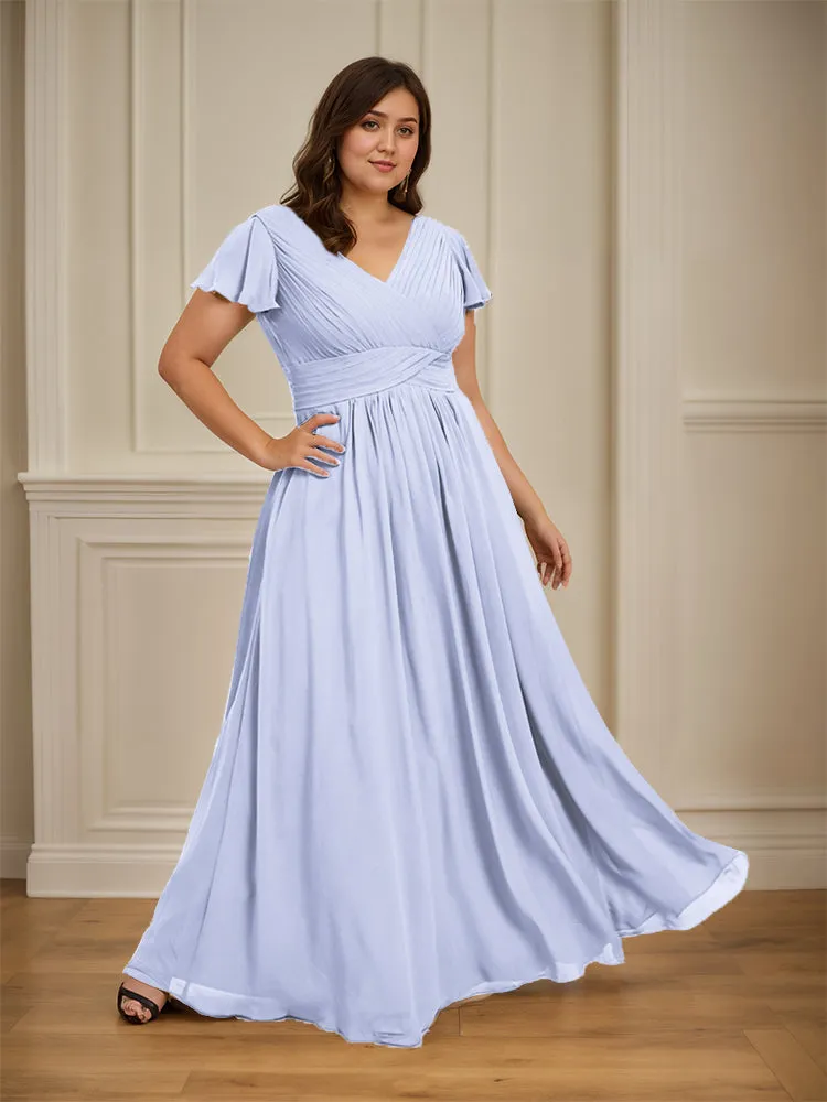 Short Sleeves Chiffon A-line V Neck Long Plus Size Bridesmaid Dresses