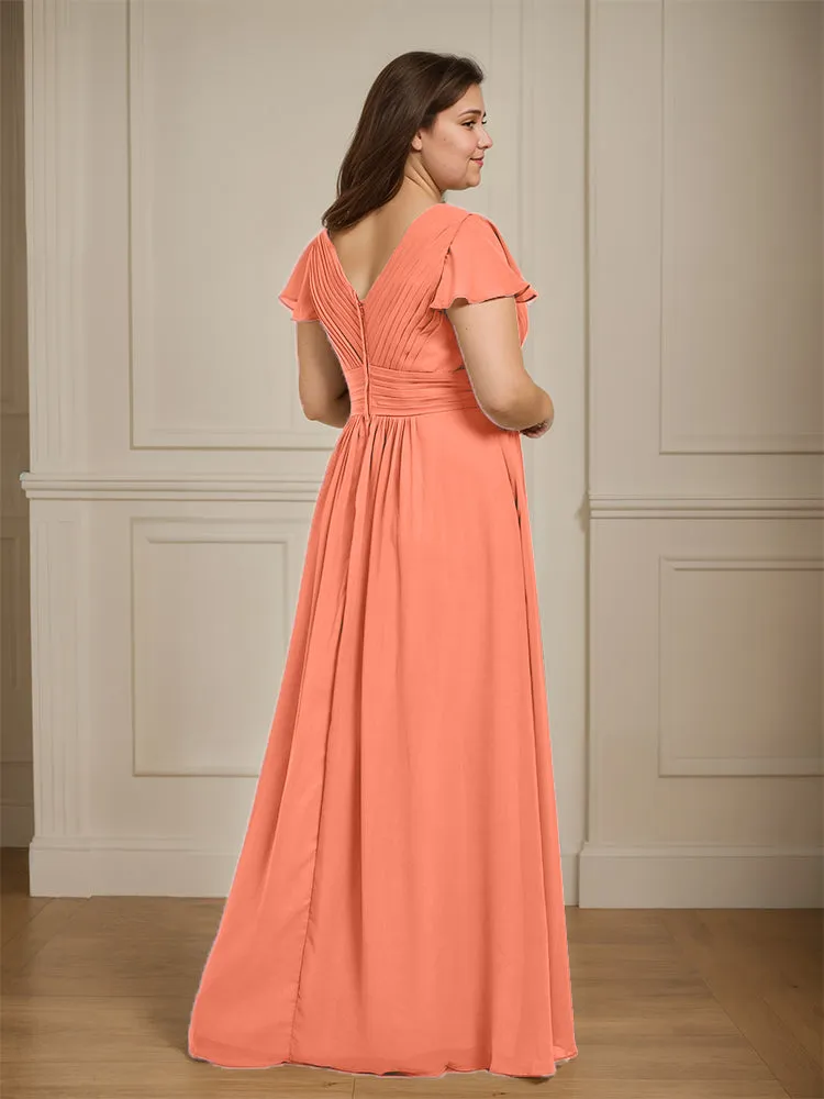 Short Sleeves Chiffon A-line V Neck Long Plus Size Bridesmaid Dresses