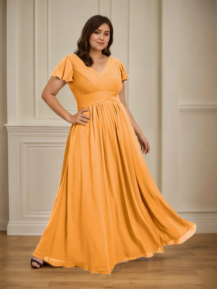 Short Sleeves Chiffon A-line V Neck Long Plus Size Bridesmaid Dresses