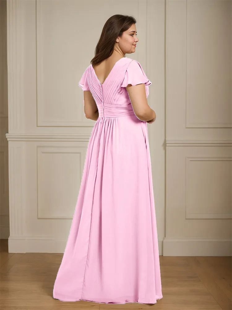 Short Sleeves Chiffon A-line V Neck Long Plus Size Bridesmaid Dresses