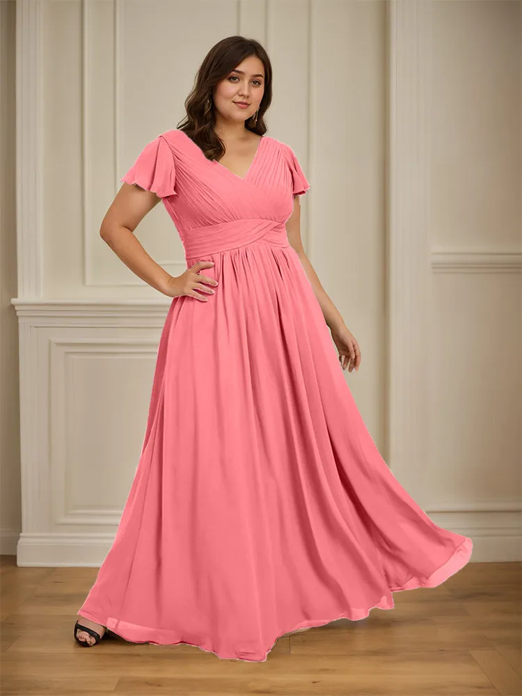 Short Sleeves Chiffon A-line V Neck Long Plus Size Bridesmaid Dresses