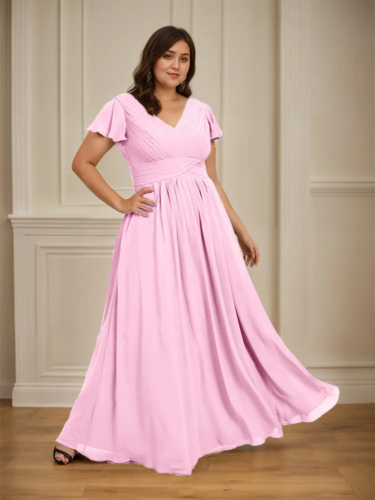 Short Sleeves Chiffon A-line V Neck Long Plus Size Bridesmaid Dresses