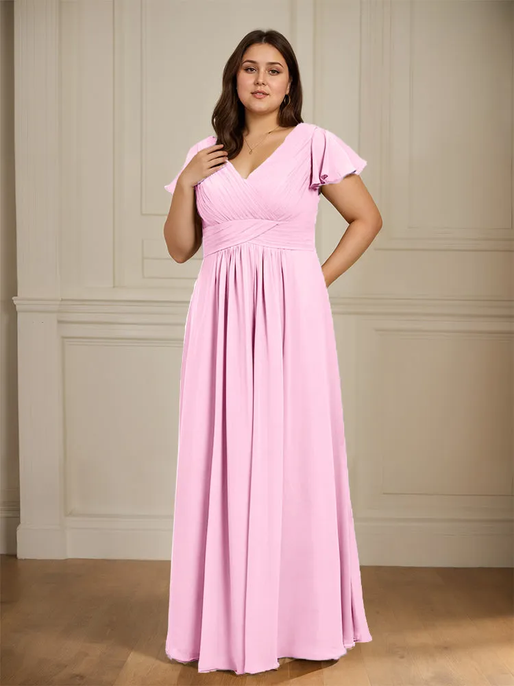 Short Sleeves Chiffon A-line V Neck Long Plus Size Bridesmaid Dresses