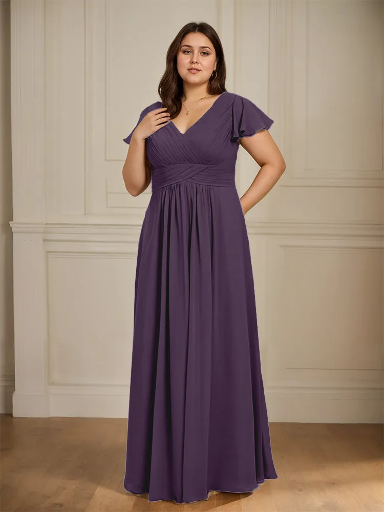 Short Sleeves Chiffon A-line V Neck Long Plus Size Bridesmaid Dresses