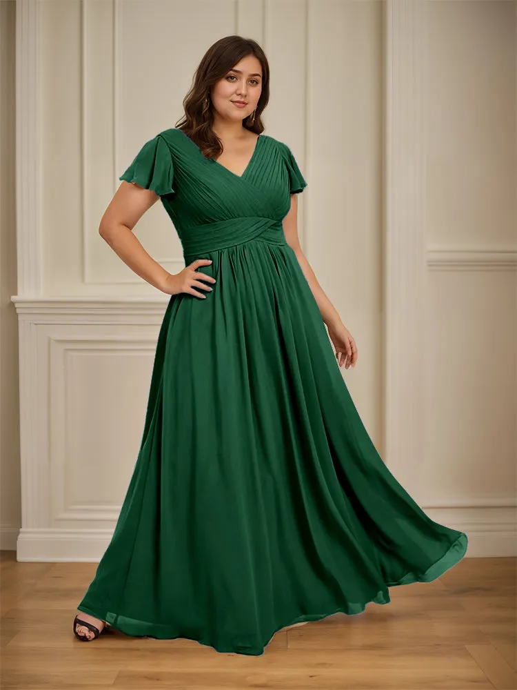 Short Sleeves Chiffon A-line V Neck Long Plus Size Bridesmaid Dresses