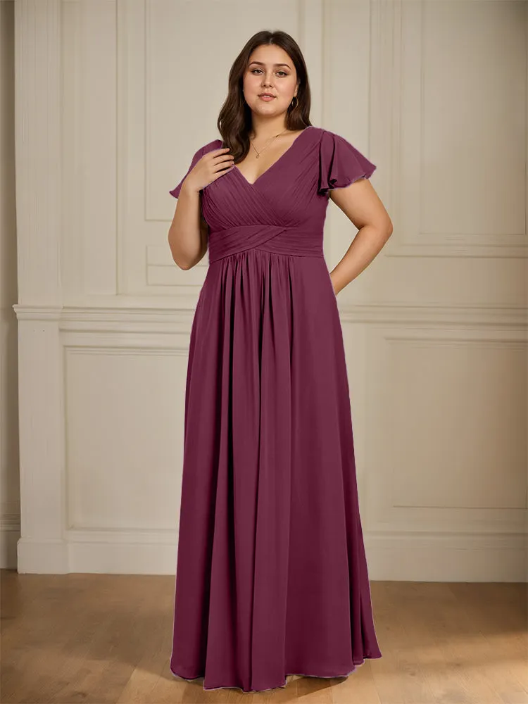 Short Sleeves Chiffon A-line V Neck Long Plus Size Bridesmaid Dresses