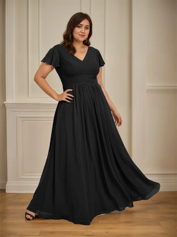 Short Sleeves Chiffon A-line V Neck Long Plus Size Bridesmaid Dresses