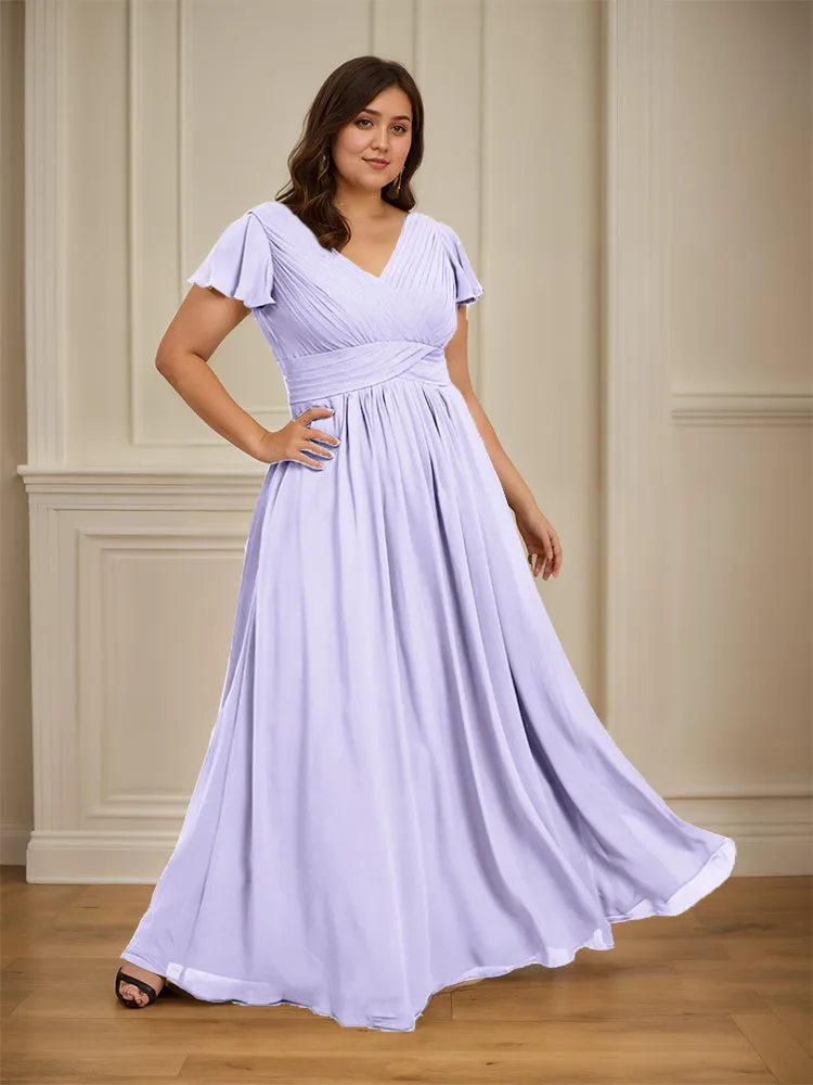 Short Sleeves Chiffon A-line V Neck Long Plus Size Bridesmaid Dresses