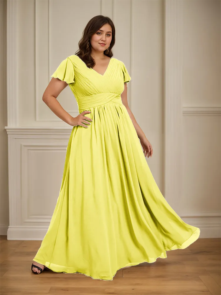 Short Sleeves Chiffon A-line V Neck Long Plus Size Bridesmaid Dresses