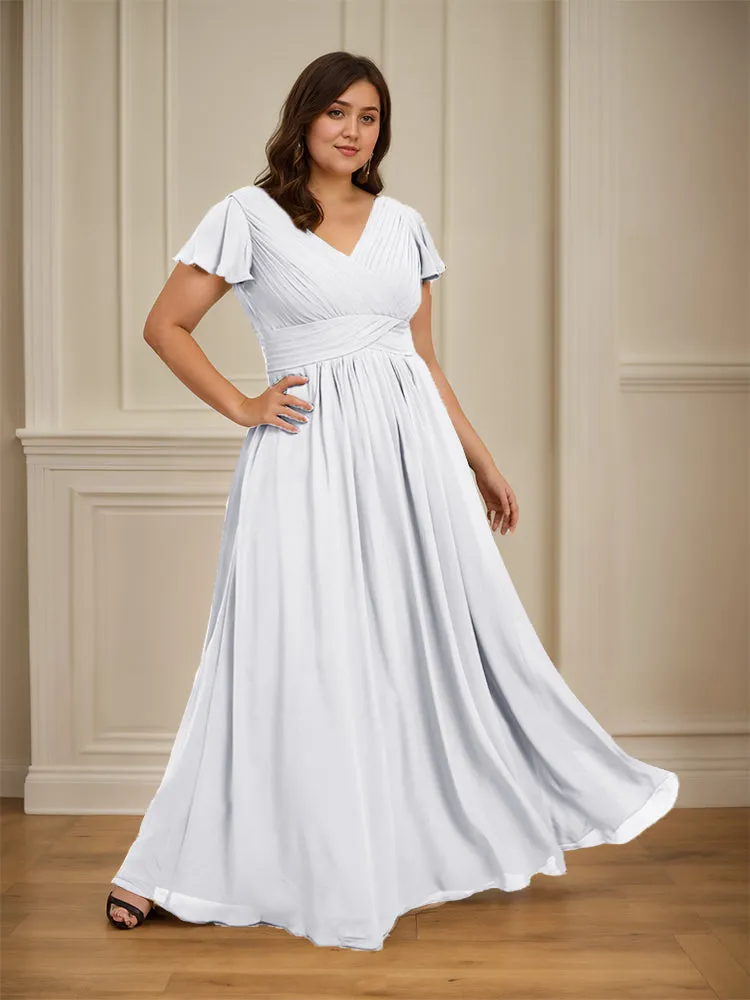 Short Sleeves Chiffon A-line V Neck Long Plus Size Bridesmaid Dresses