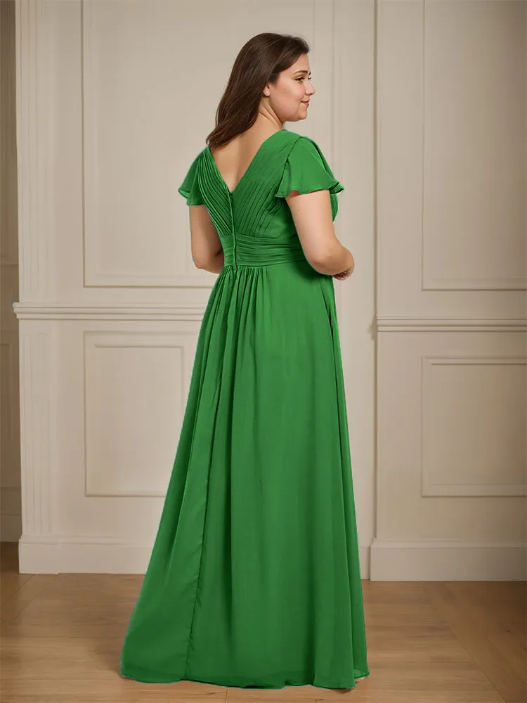 Short Sleeves Chiffon A-line V Neck Long Plus Size Bridesmaid Dresses