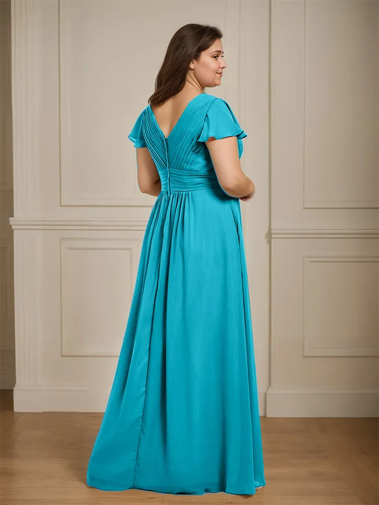 Short Sleeves Chiffon A-line V Neck Long Plus Size Bridesmaid Dresses