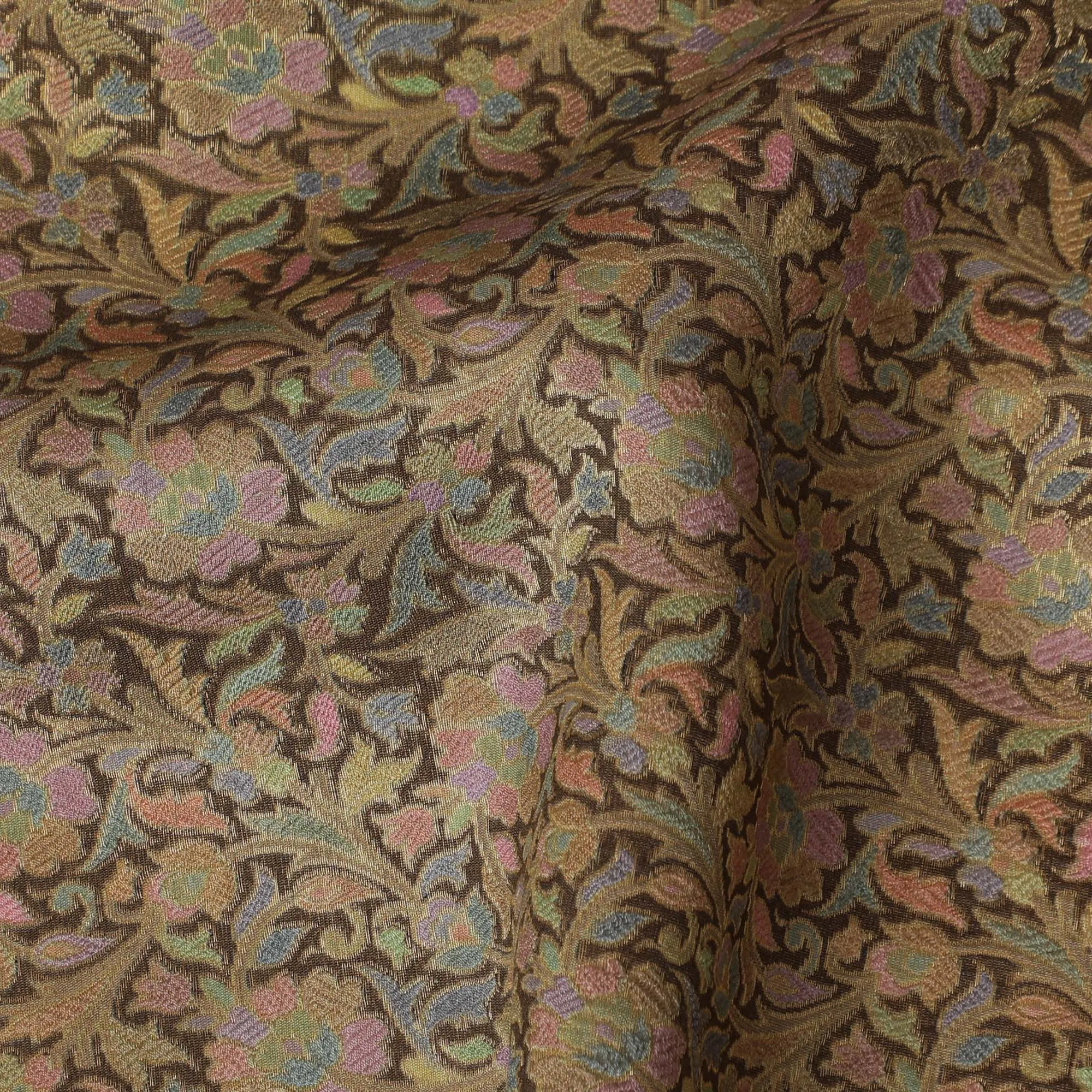 Silk Brocade Fabric with Olive Green and Gold Floral Design, 110 cm Width, Indian Origin-D19751