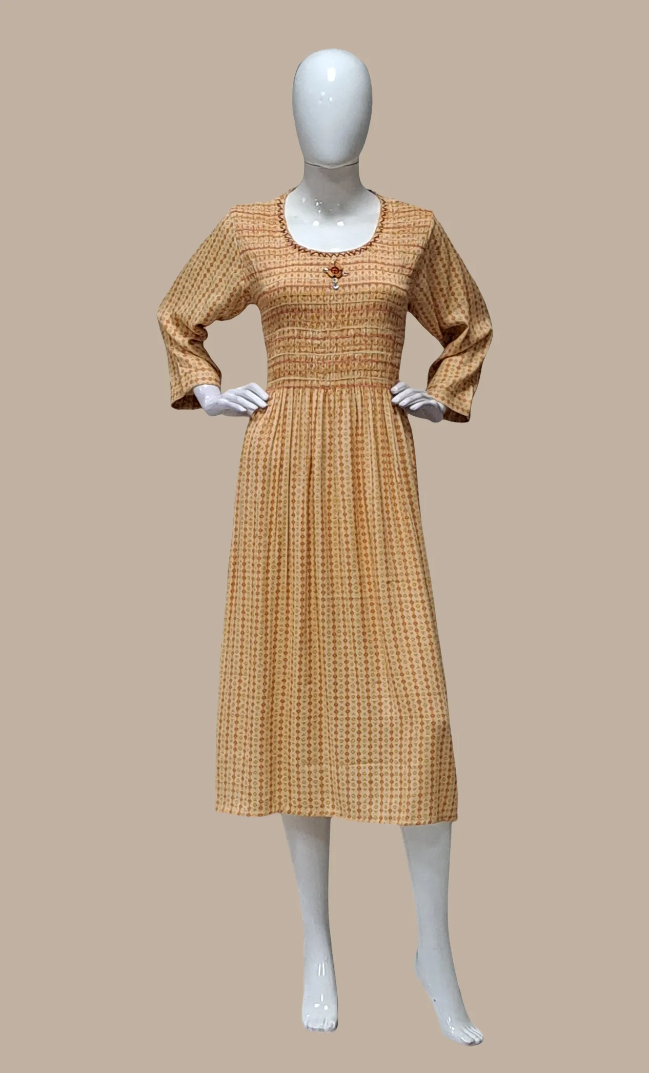 Soft Beige Printed Kurti Dress