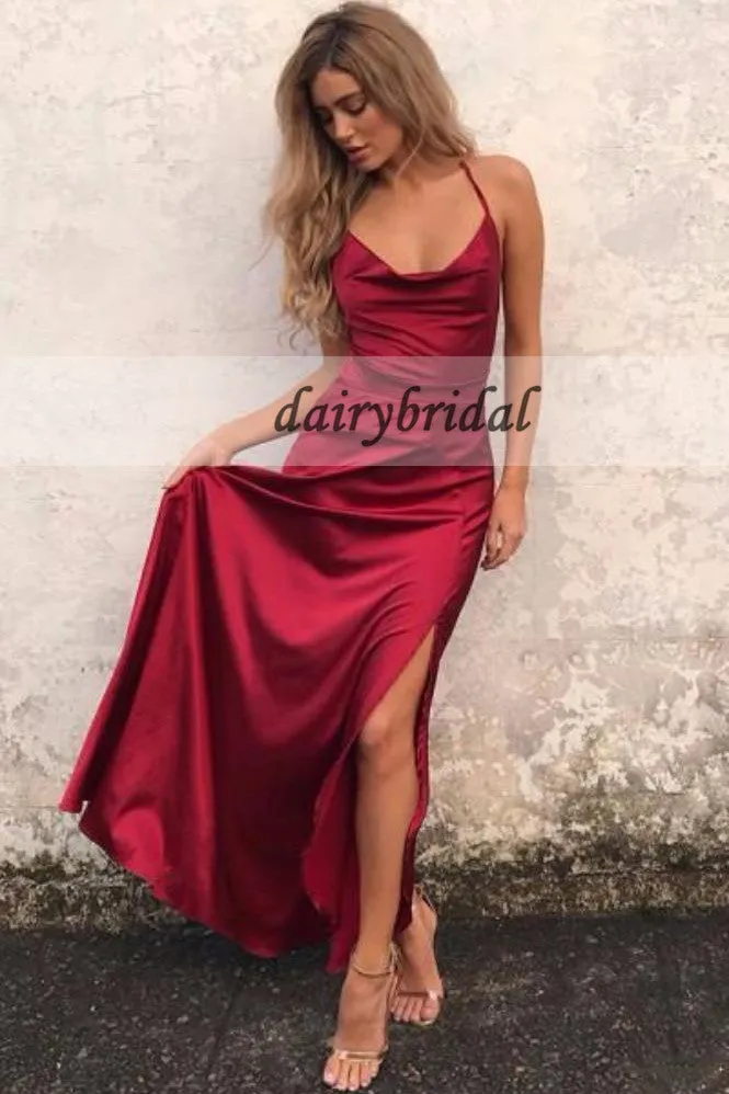 Spaghetti Straps Soft Satin Prom Dresses, Side Split Backless Sexy Prom Dresses, D164