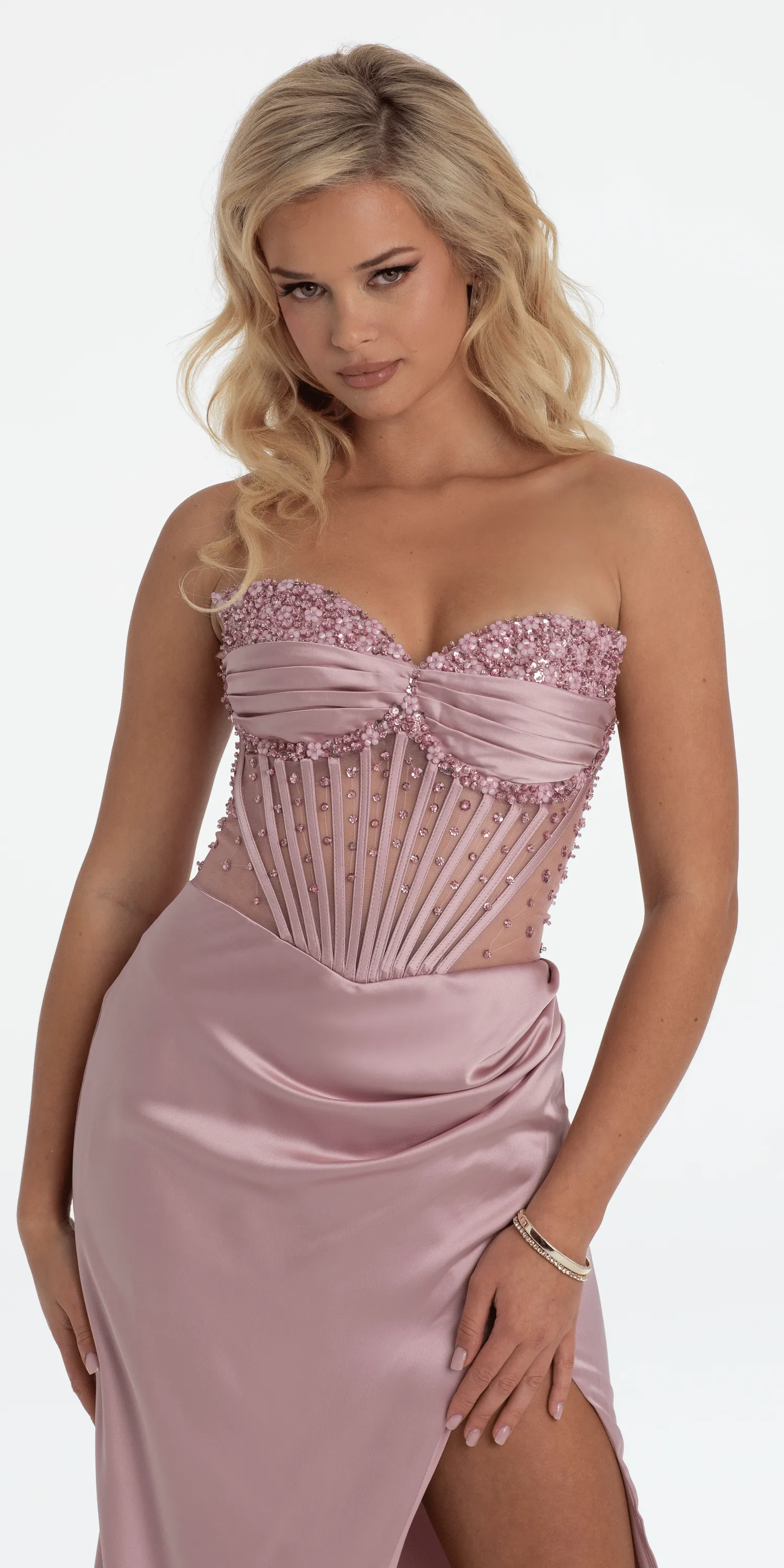 Strapless Satin Embellished Corset Column Dress