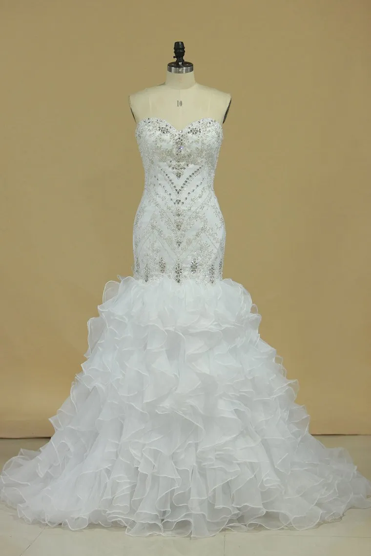 Sweetheart Wedding Dresses Beaded Bodice Organza Chapel Train