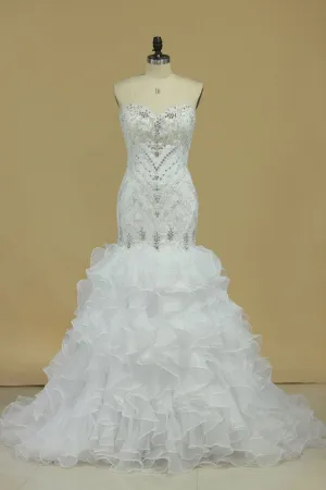 Sweetheart Wedding Dresses Beaded Bodice Organza Chapel Train