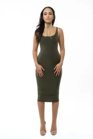 THE MYSTYLEMODE OLIVE ESSENTIAL VENEZIA DOUBLE LINED TANK MIDI DRESS