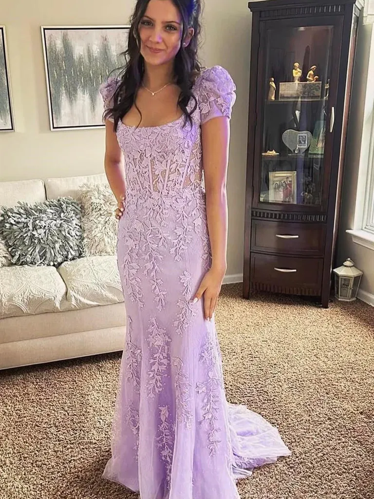 Theresa | Champagne Appliques Square Neck Puff Sleeves Long Prom Dress