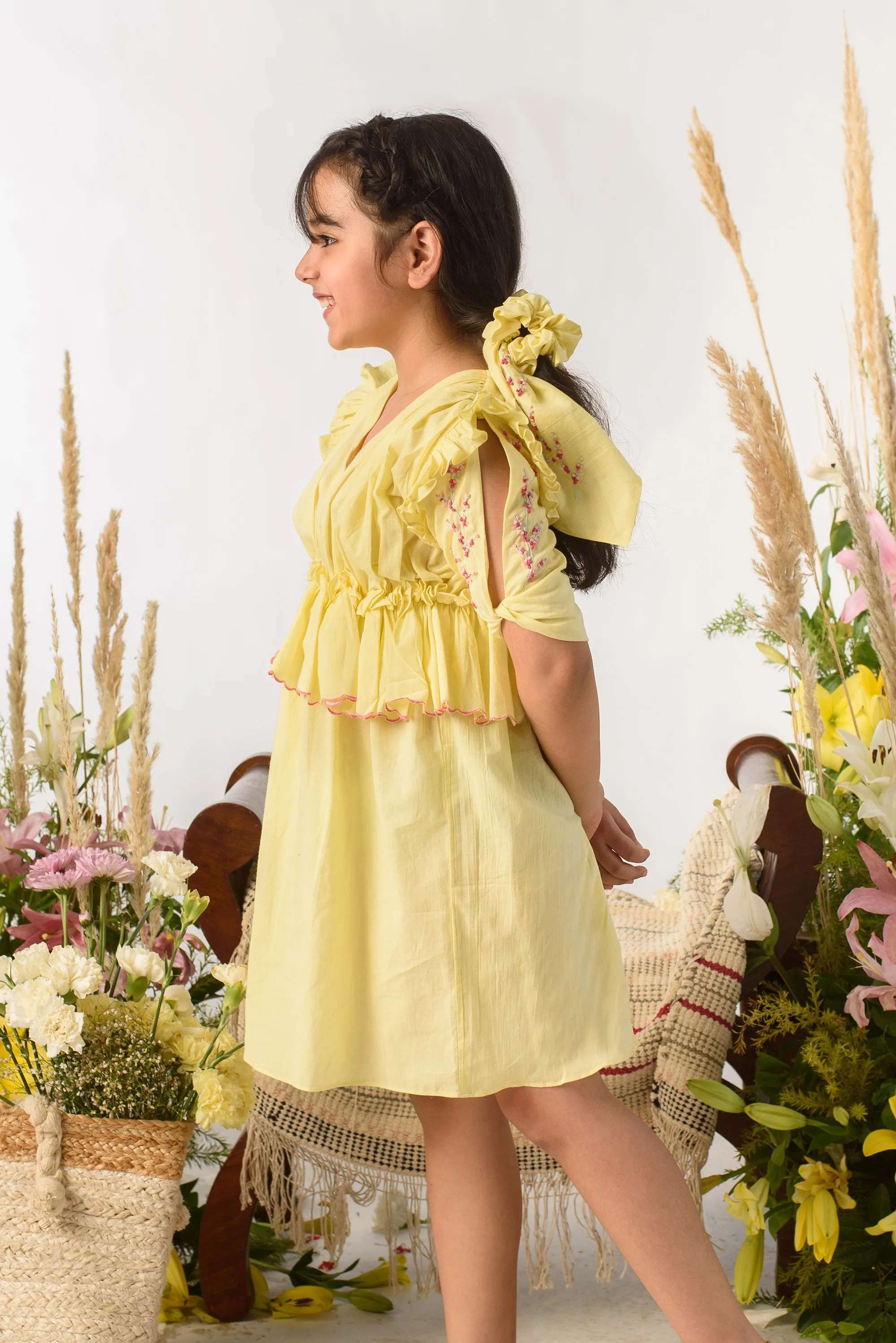 Trailing Buds- V-Neck Organic Cotton Embroidered Dress For Girls