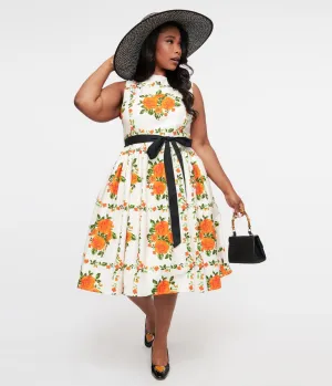 Unique Vintage Plus Size 1950s Orange Fall Floral Sleeveless Swing Dress