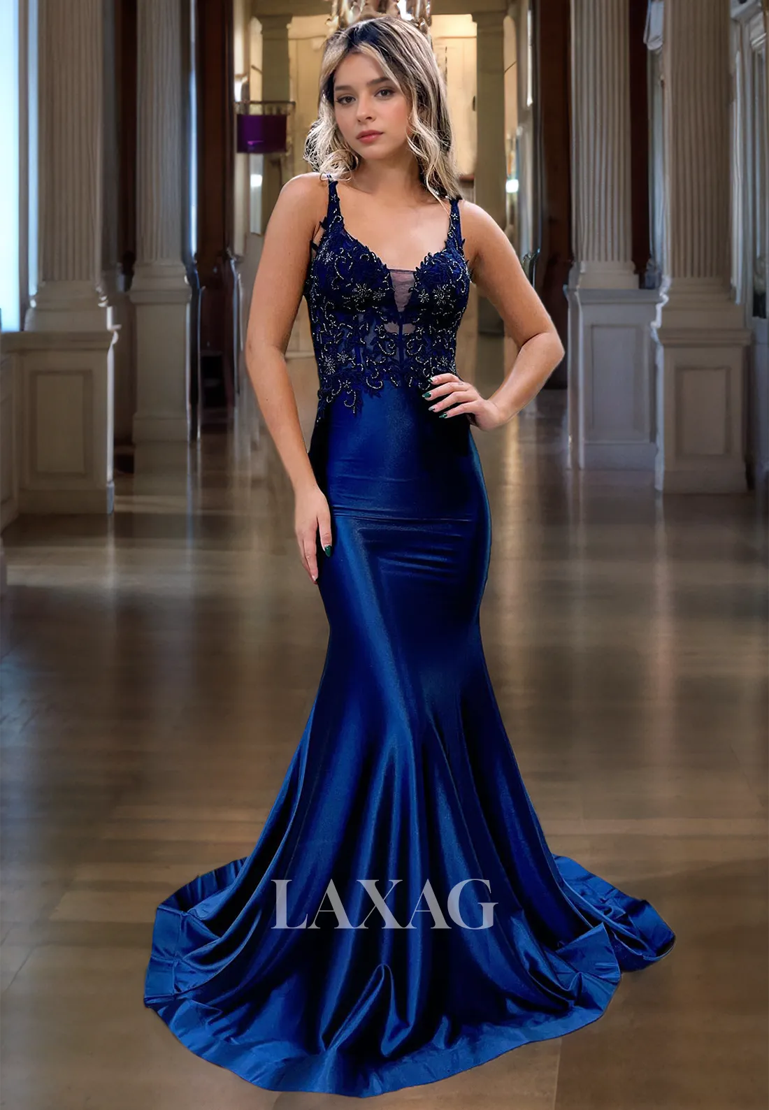 V-Neck Sequin Satin Court Train Trumpet&Mermaid Prom Dress Cocktail Dress