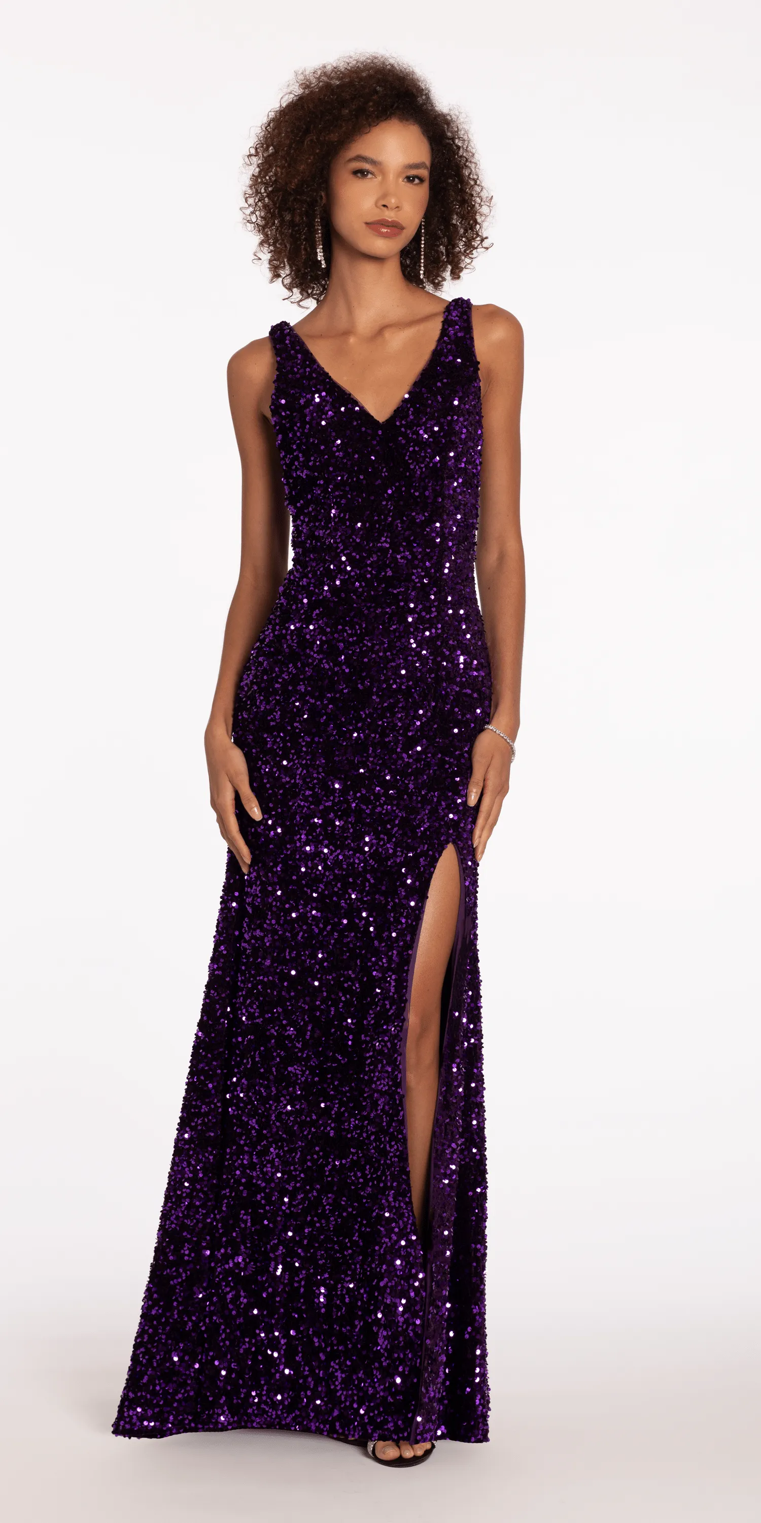 V Neck Sequin Velvet Trumpet Dress with Side Slit