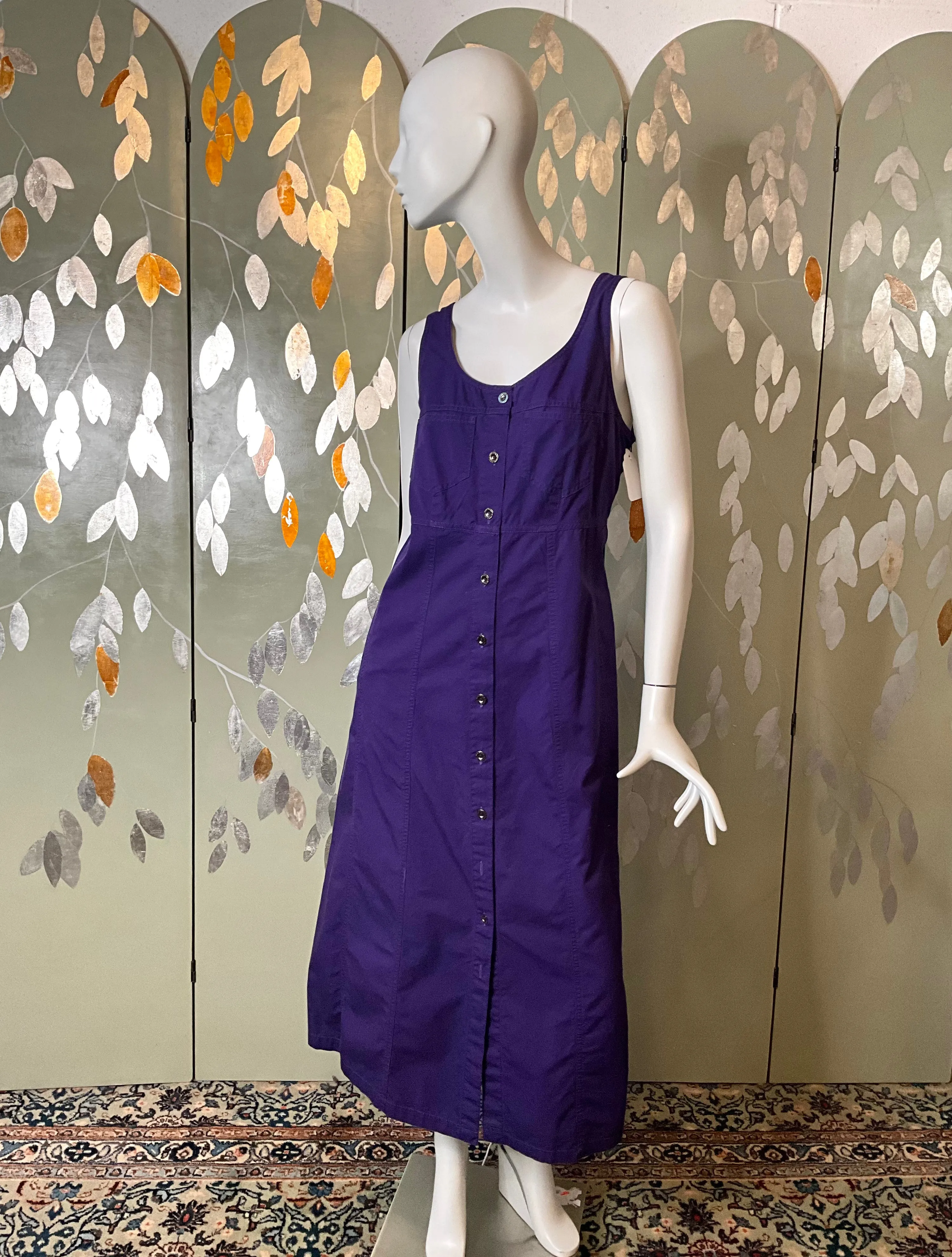 Vintage 1990s Purple Cotton Button-Up Maxi Dress, Large