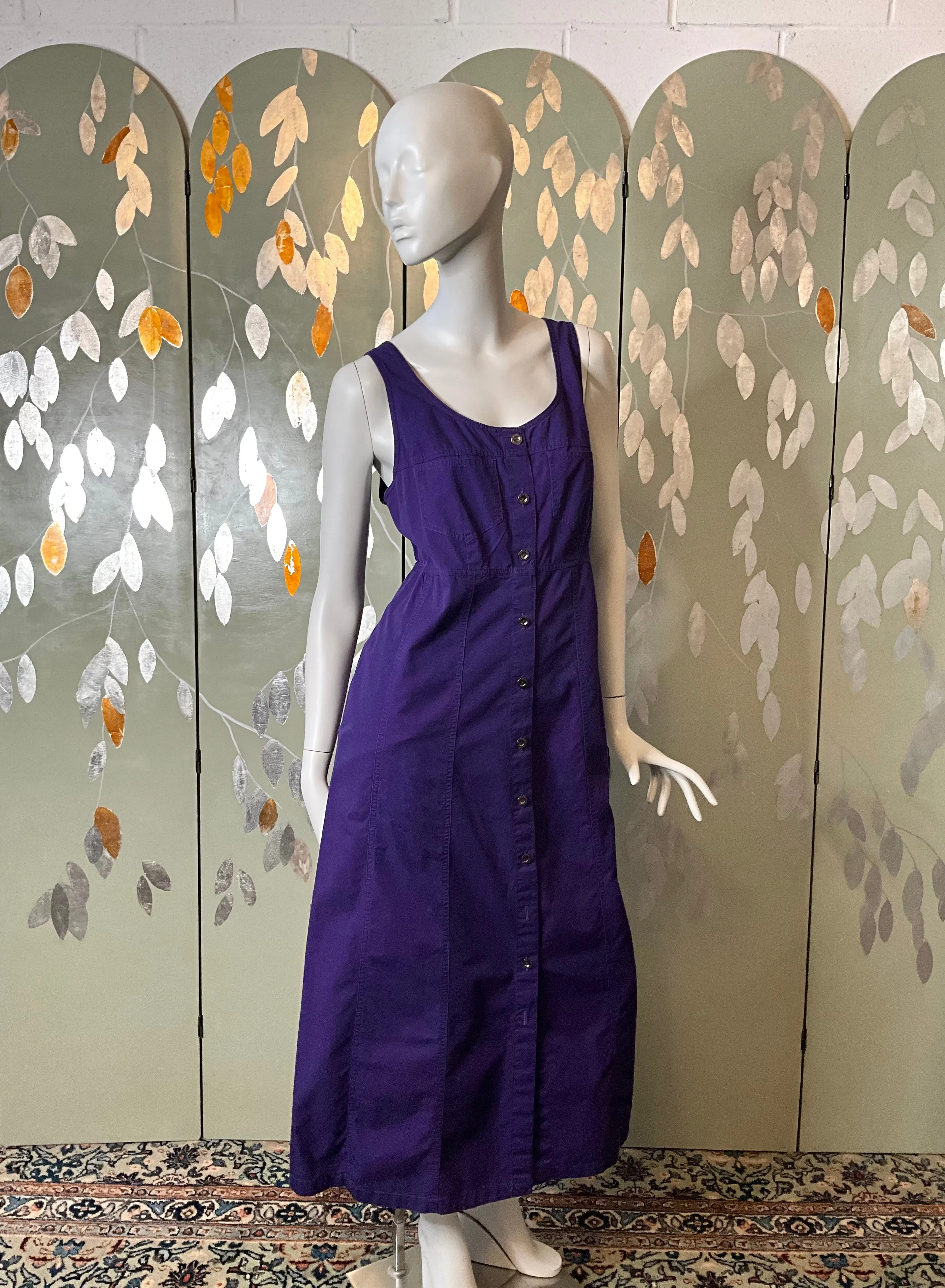 Vintage 1990s Purple Cotton Button-Up Maxi Dress, Large